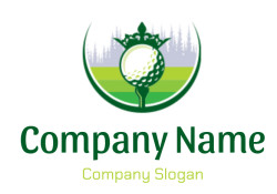 Emblem featuring a crowned golf ball set against a green landscape.