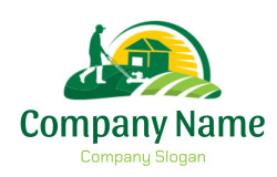 Logo of a person mowing lawn with a house and sunset in the background.