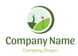 Golf logo featuring a player swinging and a red flag on a green course.