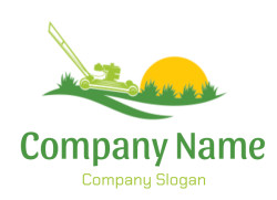 Illustration of a lawn mower with sun rising in the background over grass.