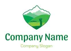 Logo of a golfer swinging on a scenic golf course with green landscapes and mountains in the background.