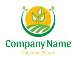 Eco-friendly agriculture logo featuring green leaves, a sun, and stylized fields.