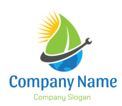 Logo featuring a green leaf, sun rays, a globe, and a wrench.