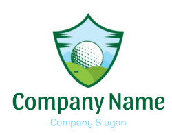 Illustrated shield emblem featuring a golf ball and green hills.