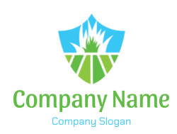 Shield logo featuring a green leaf design on a blue and white background.