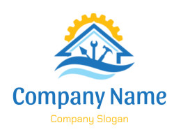 Logo featuring a house with tools and a gear symbol in the background.