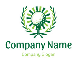 Illustration of a golf ball on a tee surrounded by a sunburst and laurel wreath.