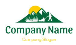 Illustration of a person mowing a lawn with mountain silhouette and sunrise.