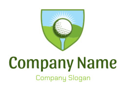 Golf ball on a tee with sunburst and green landscape background.