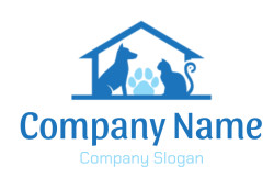 Logo featuring silhouettes of a cat and dog under a house with a paw print.