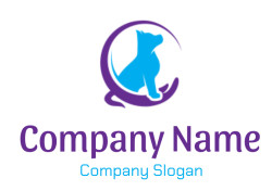 A blue silhouette of a dog inside a purple circular logo.