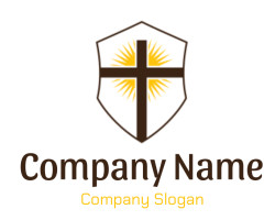 Christian cross with a sunburst on a shield emblem.