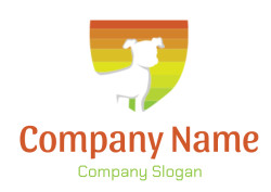 Dog silhouette on shield with colorful gradient background from orange to green.
