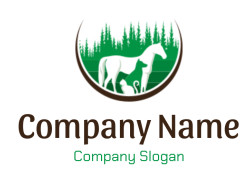 Silhouette of a horse, dog, and cat against a forest backdrop in a logo design.
