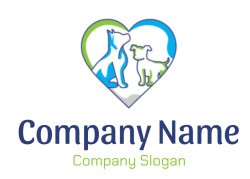 Heart-shaped logo featuring a blue silhouette of a cat and a green silhouette of a dog.