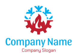 Heating and cooling symbol combining a red flame and blue snowflake within a gear.