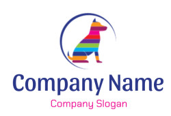 Colorful geometric dog logo with vibrant stripes inside a circular frame.