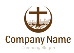 Emblem featuring a brown cross with cemetery silhouettes and roots.