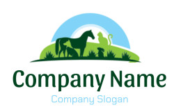 Silhouettes of a horse, dog, cat, and rabbit against a blue and green background.