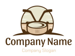 Vintage illustration of a hockey puck and sticks logo.