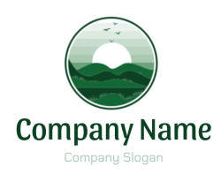 Illustration of a minimalist green landscape with hills, a sun, and birds in the sky.