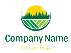 Logo featuring a stylized sunrise over a forest and green fields.