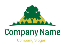 Illustration of a large green tree silhouette in front of a yellow rising sun with grass in the foreground.