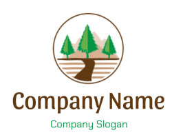 Circular logo featuring three green trees with a brown pathway and mountain background.