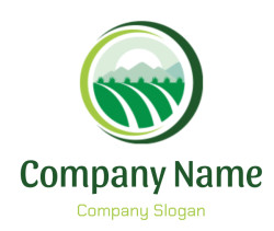 Green agricultural landscape emblem featuring fields, mountains, and a sun.