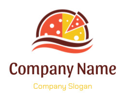 Illustrative pizza logo featuring a slice and wave design in orange and yellow.
