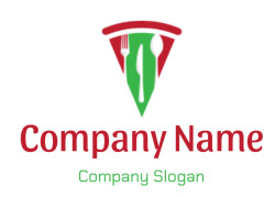 Logo featuring a pizza slice design with a fork, knife, and spoon in red and green colors.