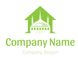 Silhouette of a mosque with domes and spires on a green background.