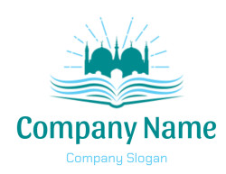 Illustration of a mosque silhouette with an open book and rays of light.