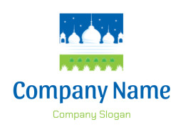 Graphic illustration of a mosque with domes under a night sky with stars, featuring grass in the foreground.