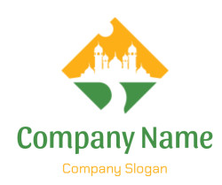 Logo with Islamic architecture featuring mosque domes and green leaves.