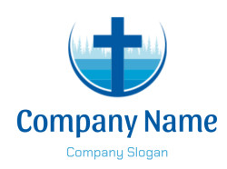 Logo featuring a blue cross over a forest and water background.