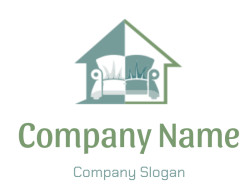 Graphic icon of a house and sofa in green and blue tones.