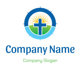 A religious symbol featuring a blue cross with a sunburst background inside a blue circular design.