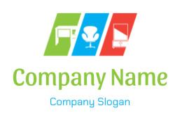 Colorful icons representing office furniture including a desk, chair, and shelf.