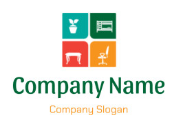 Icons of a plant, bunk bed, desk, and office chair in colorful squares.