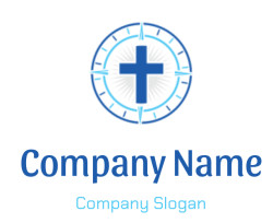 Blue cross in a circular geometric design with blue and white colors.