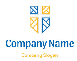 Abstract geometric pattern featuring blue and yellow shapes with a cross design.