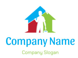 Logo of a painter holding a brush standing in front of colorful arrows representing home improvement.