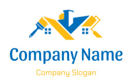 Abstract icon featuring construction tools in blue and yellow.