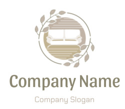 Minimalist logo featuring a sofa and leaves in a circular design.