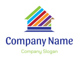 Colorful striped house icon with geometric design and various colors.
