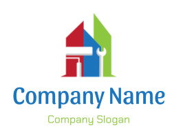 Icon featuring red building with paint roller, blue building with wrench, and green building.