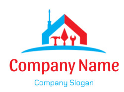 Abstract icon featuring a blue building shape and red trees with a curved underline.