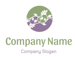 An abstract nature-themed floral design in a circular shape with green and purple background.
