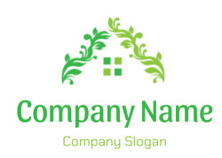 Stylized green floral logo with a house symbol.